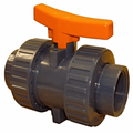 PVC Industrial Ball Valve - Double Union Threaded FPM Seals with orange handle for easy flow control and maintenance.