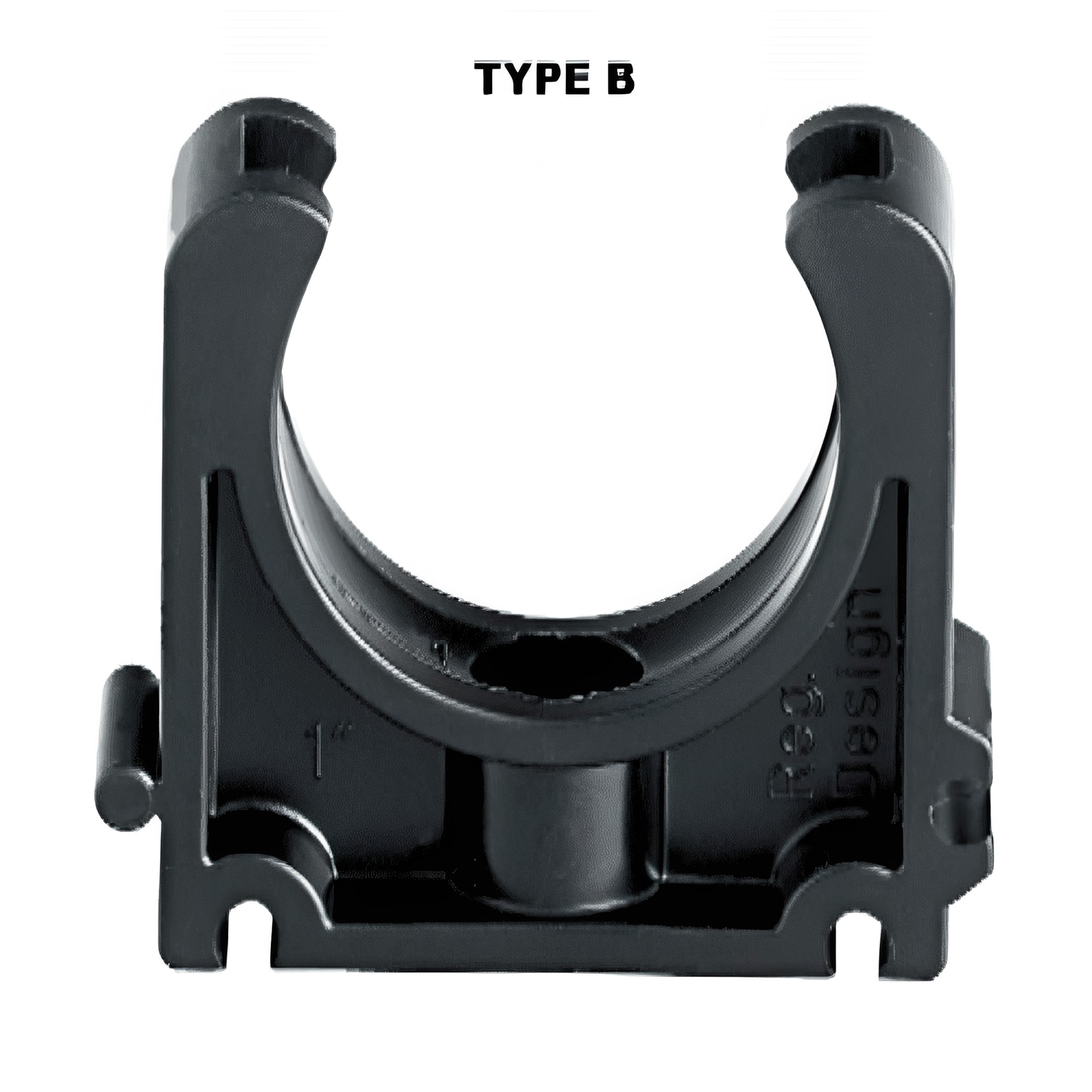 Industrial Black PP Pipe Clip for PVC Pipes shown from the front, featuring a cylindrical slot for secure pipe mounting.