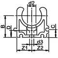 Industrial Pipe Clip - Black PP Metric PVC Pipe Bracket technical drawing with measurements dimensions and specifications.