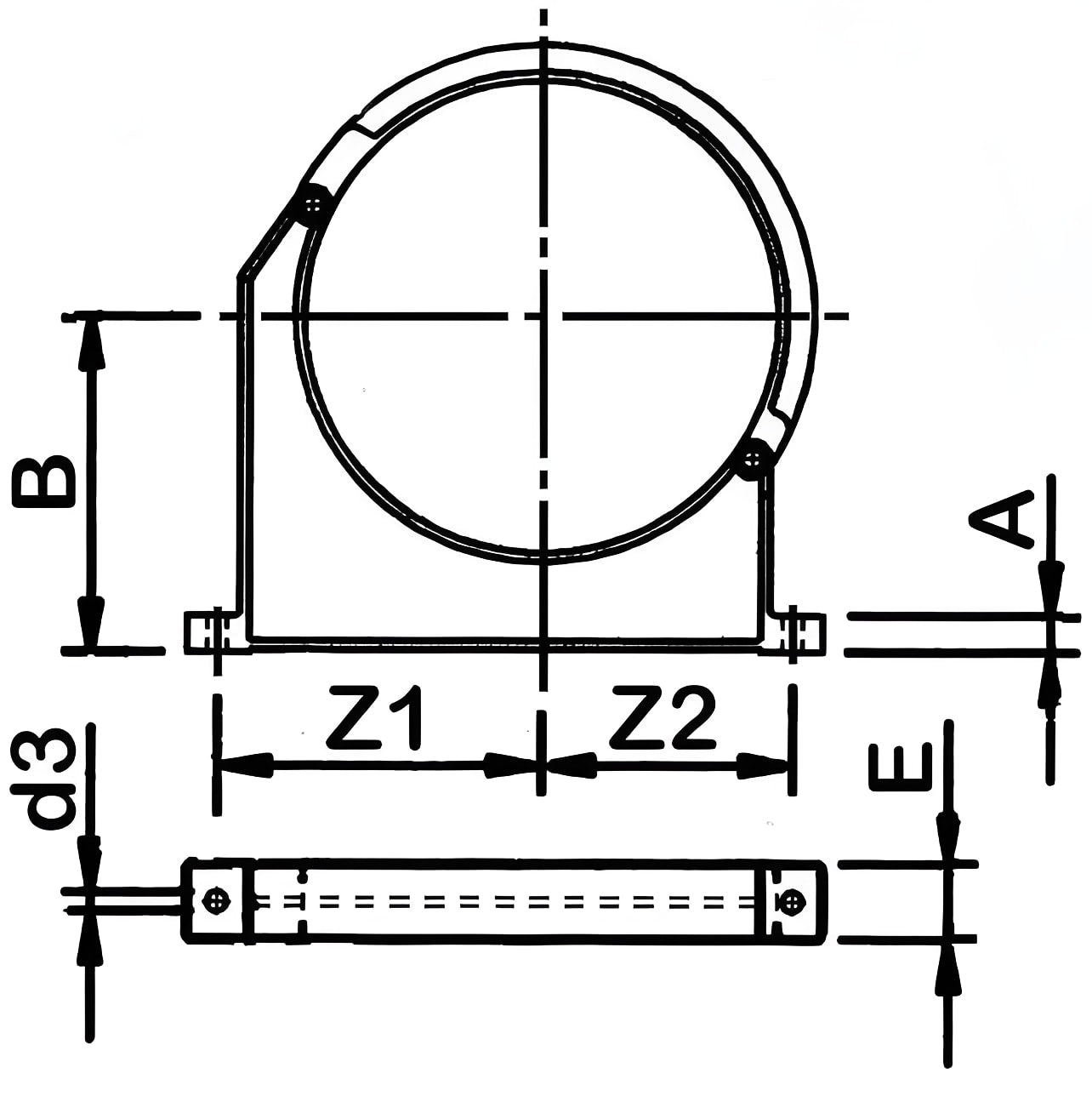 Industrial Pipe Clip - Black PP Metric PVC Pipe Bracket technical drawing with dimensions labeled