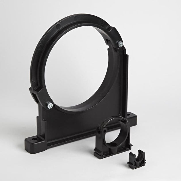 Industrial Pipe Clip - Black PP Metric PVC Pipe Bracket displayed on a white background, showcasing its durable design.