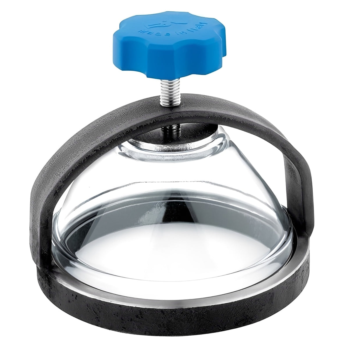 Glass Level Indicator with Steel Ring for Tankers with protective ring and blue adjustment knob.