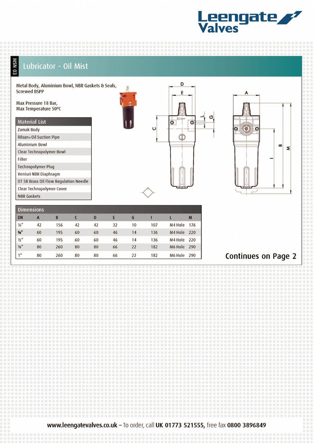 Oil Mist Lubricator for Compressed Air - BSPP Threaded specifications and design details.