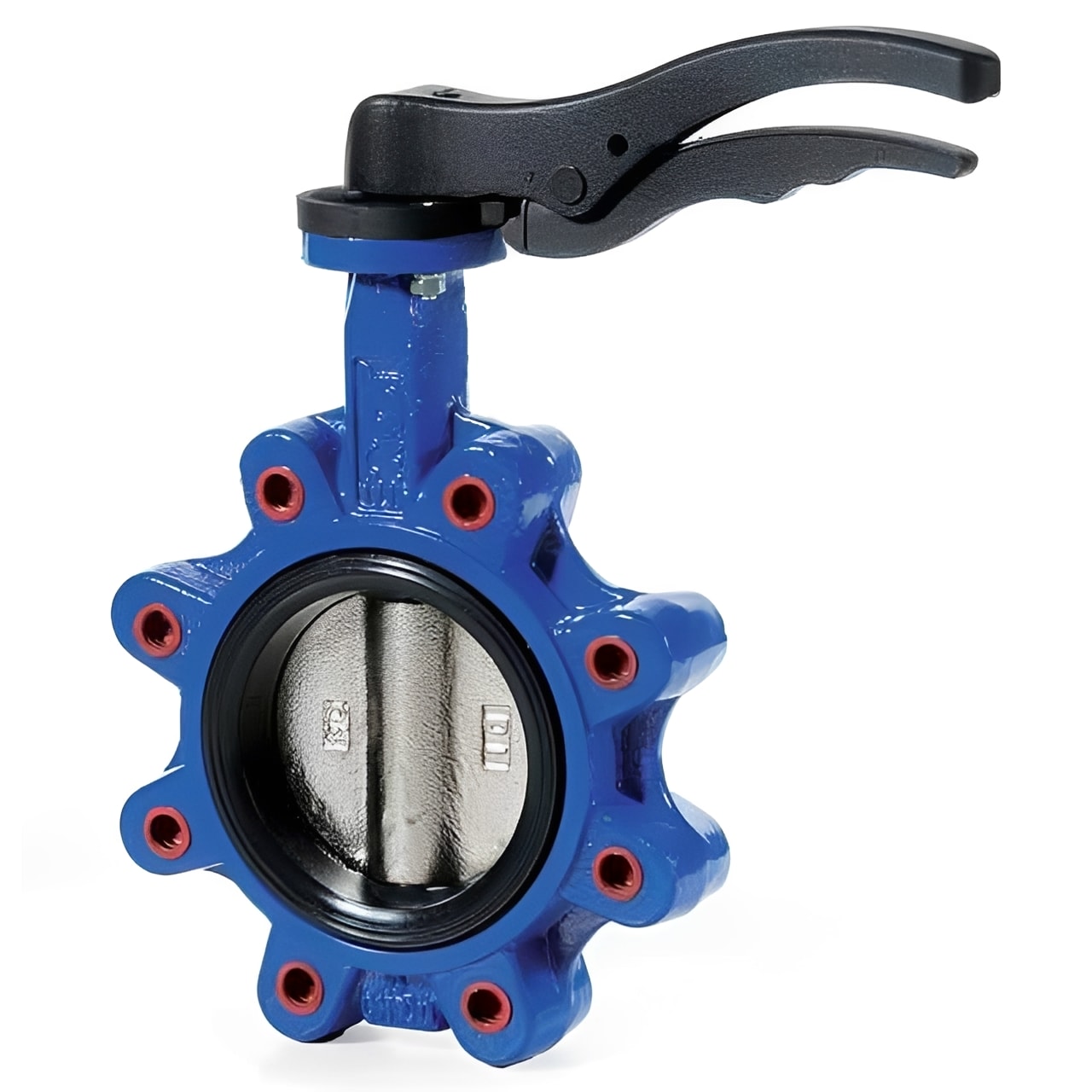 Lugged & Tapped Butterfly Valve - Stainless Steel Disc EPDM PN16 in blue with lever handle for flow control.