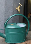 Green watering can with a brass faucet placed against a grey wall, ideal for garden use.
