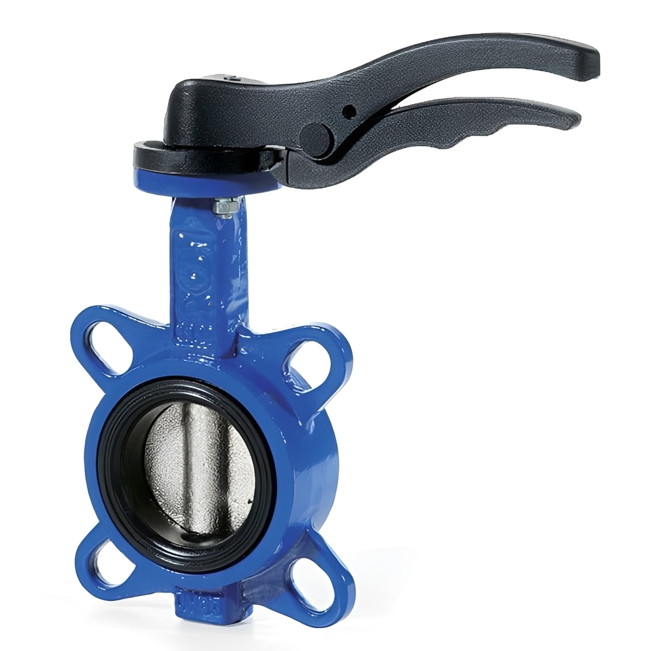 Wafer Butterfly Valve - Stainless Steel Disc & FKM Viton Liner with blue body and black handle.