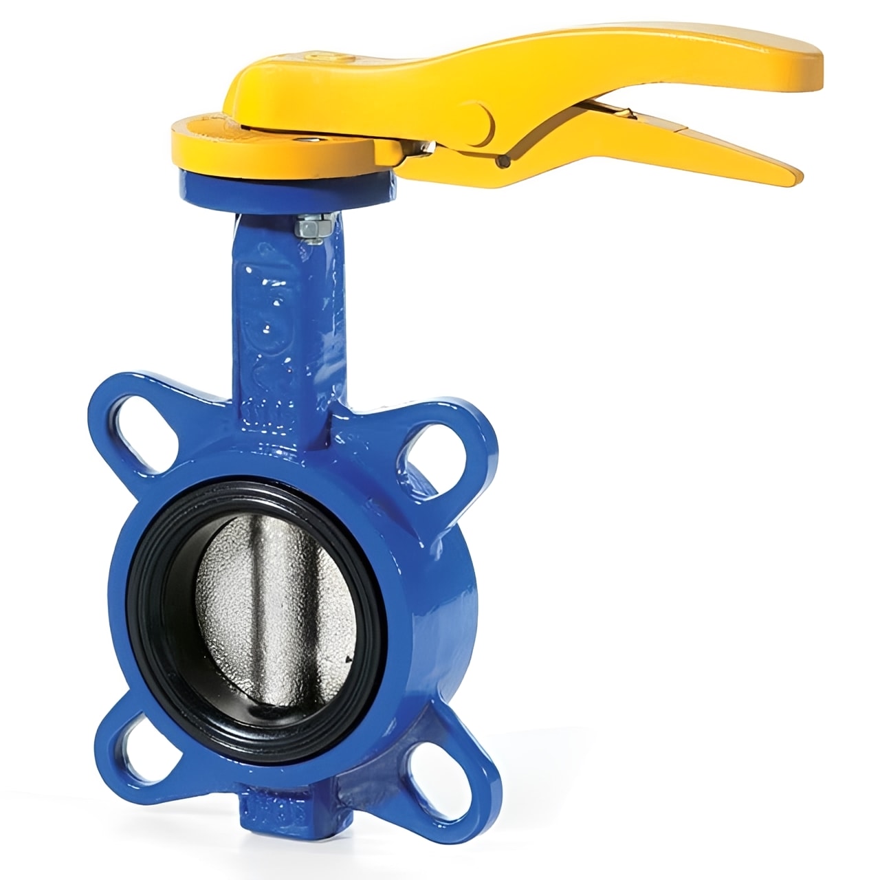 Multi-flange Wafer Butterfly Valve - SS Disc & NBR Liner with blue body and yellow handle for pipeline systems