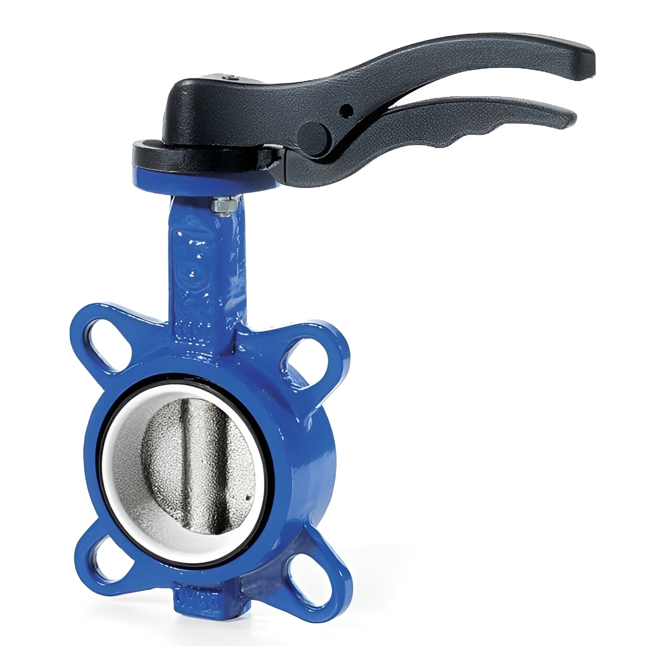 Wafer Butterfly Valve - Stainless Steel Disc & PTFE Liner showcasing the blue epoxy-coated body and lever handle.