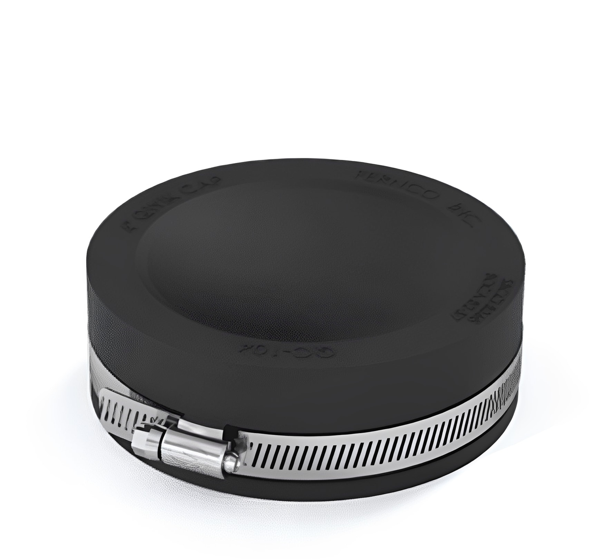Pipe End Cap - PlumbQwik displayed on a white background, highlighting its flexible rubber design and stainless steel clamp.