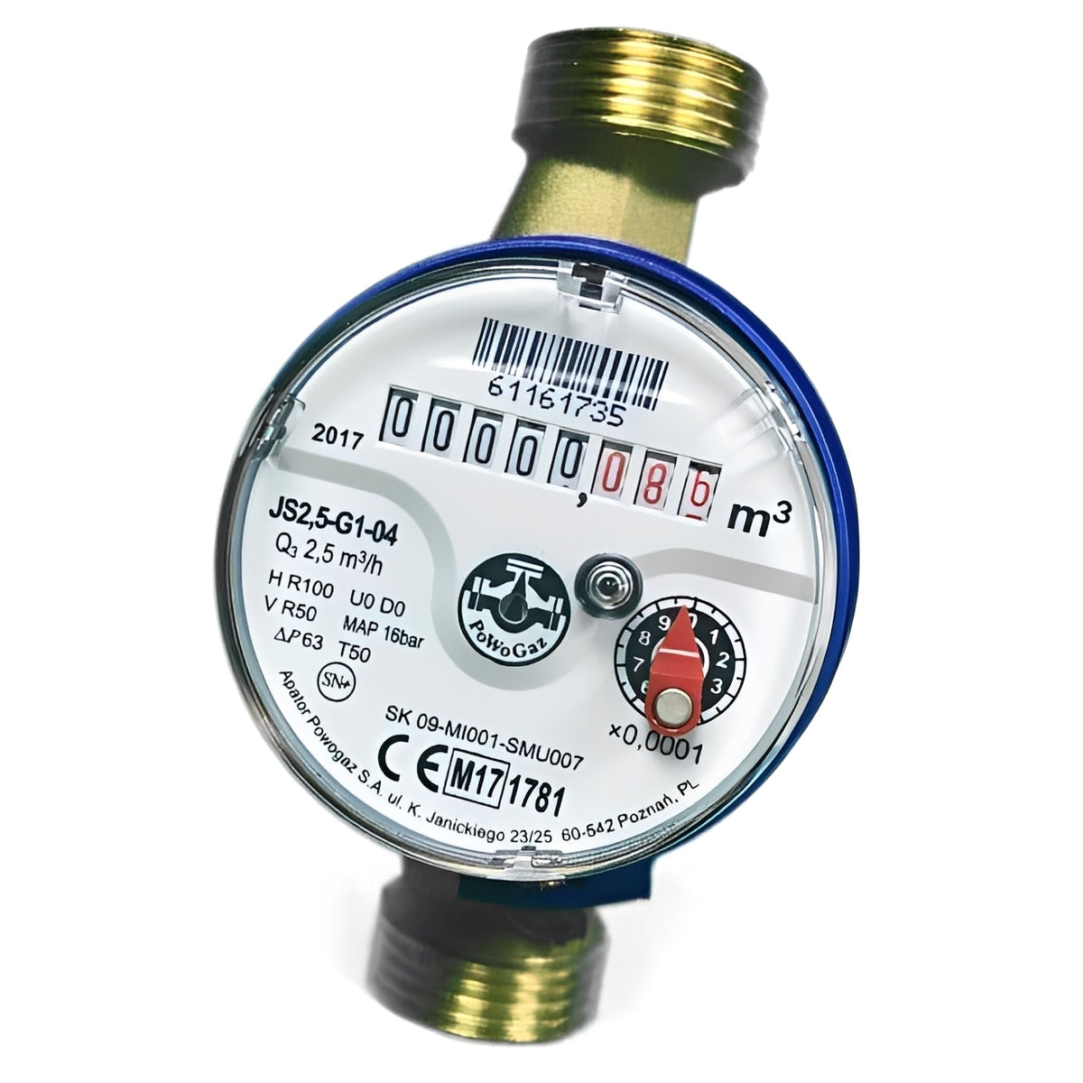 PoWoGaz Class B Single-Jet Water Meter - Threaded BSP Brass Body showing the dial and brass connections.