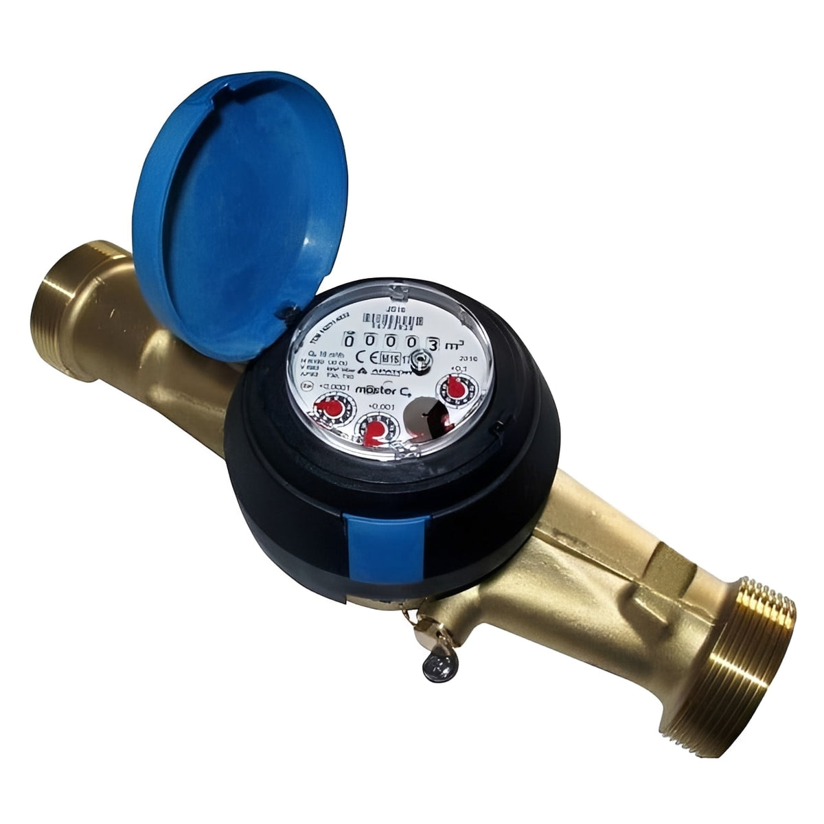 PoWoGaz Class C Pulsed Water Meter - Threaded BSP Brass Body with a blue cover and dial readouts.
