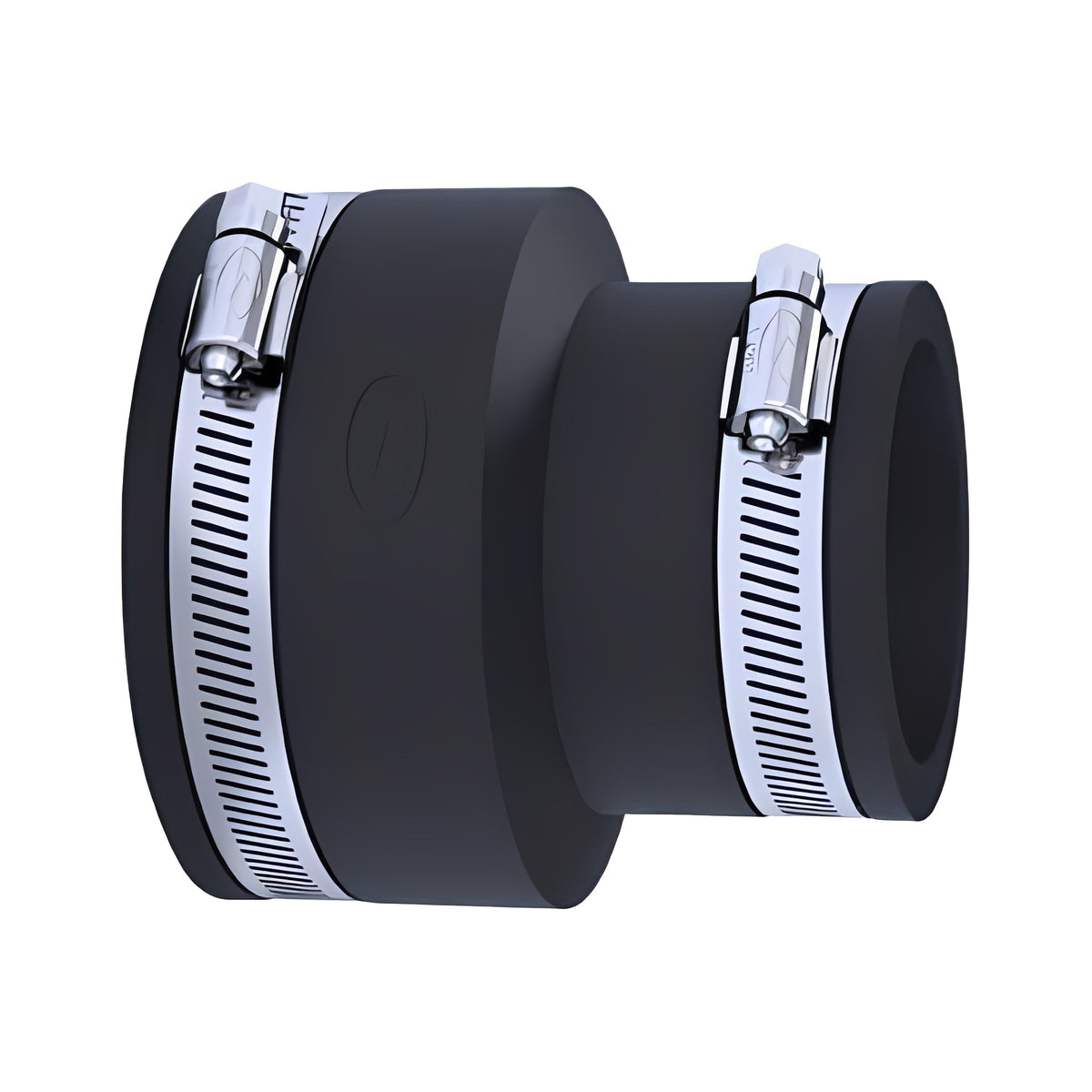 PQ112-050 Black PVC Adaptor Coupling 98mm-111mm x 40mm-49mm for plumbing and drainage applications.