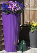 Purple Cosmo 200L Water Butt Planter - Decorative Rainwater Tank with vibrant flowers.