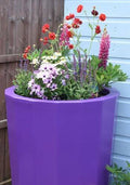 Metropolitan 255L Water Butt Planter - Purple Decorative Storage with flowers blooming in vibrant colors.