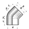 PVC-U 45 Degree Elbow - Plain to Threaded BSP Metric technical diagram with dimensions