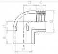 PVC-U 90 Degree Elbow - Plain to BSP Male Thread Metric technical drawing with dimensions labeled.