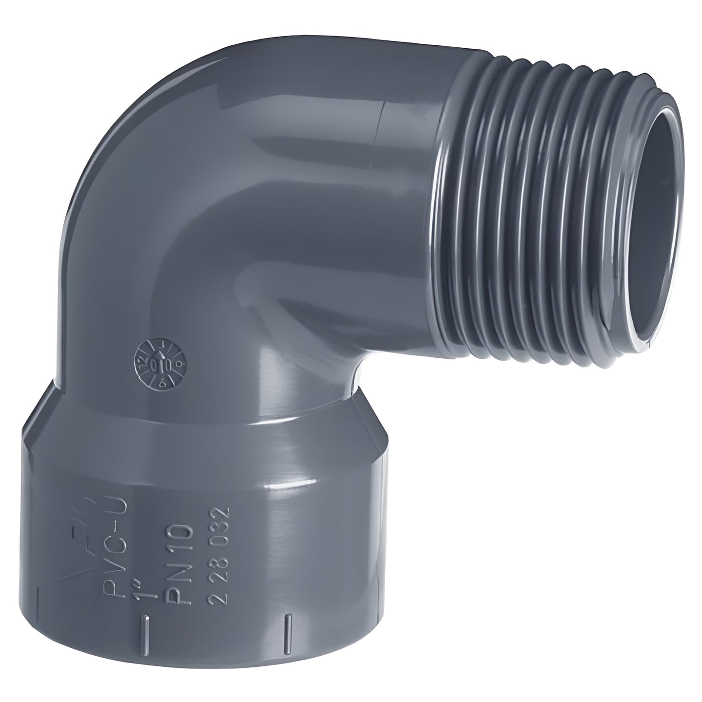 PVC-U 90 Degree Elbow - Plain to BSP Male Thread Metric showing a grey plastic fitting.