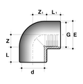 PVC-U 90 Degree Elbow Plain/Threaded BSP Metric Pipe Fitting technical illustration with dimensions.