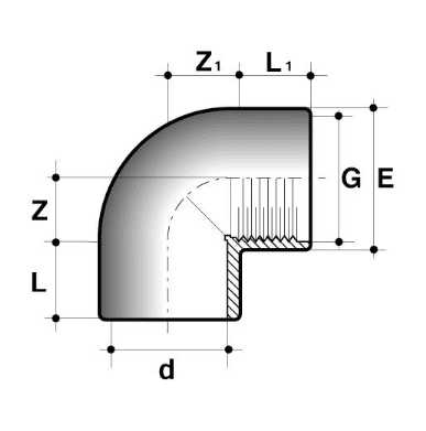 PVC-U 90 Degree Elbow Plain/Threaded BSP Metric Pipe Fitting dimensions diagram