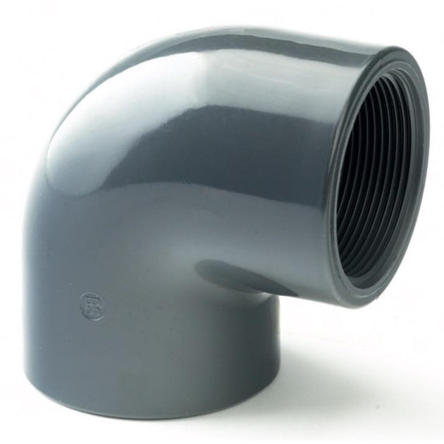 PVC-U 90 Degree Elbow Plain/Threaded BSP Metric Pipe Fitting for connecting PVC piping at right angles.