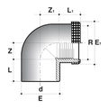PVC-U 90° Elbow SS Reinforced Plain to Threaded BSP Metric technical drawing and dimensions.