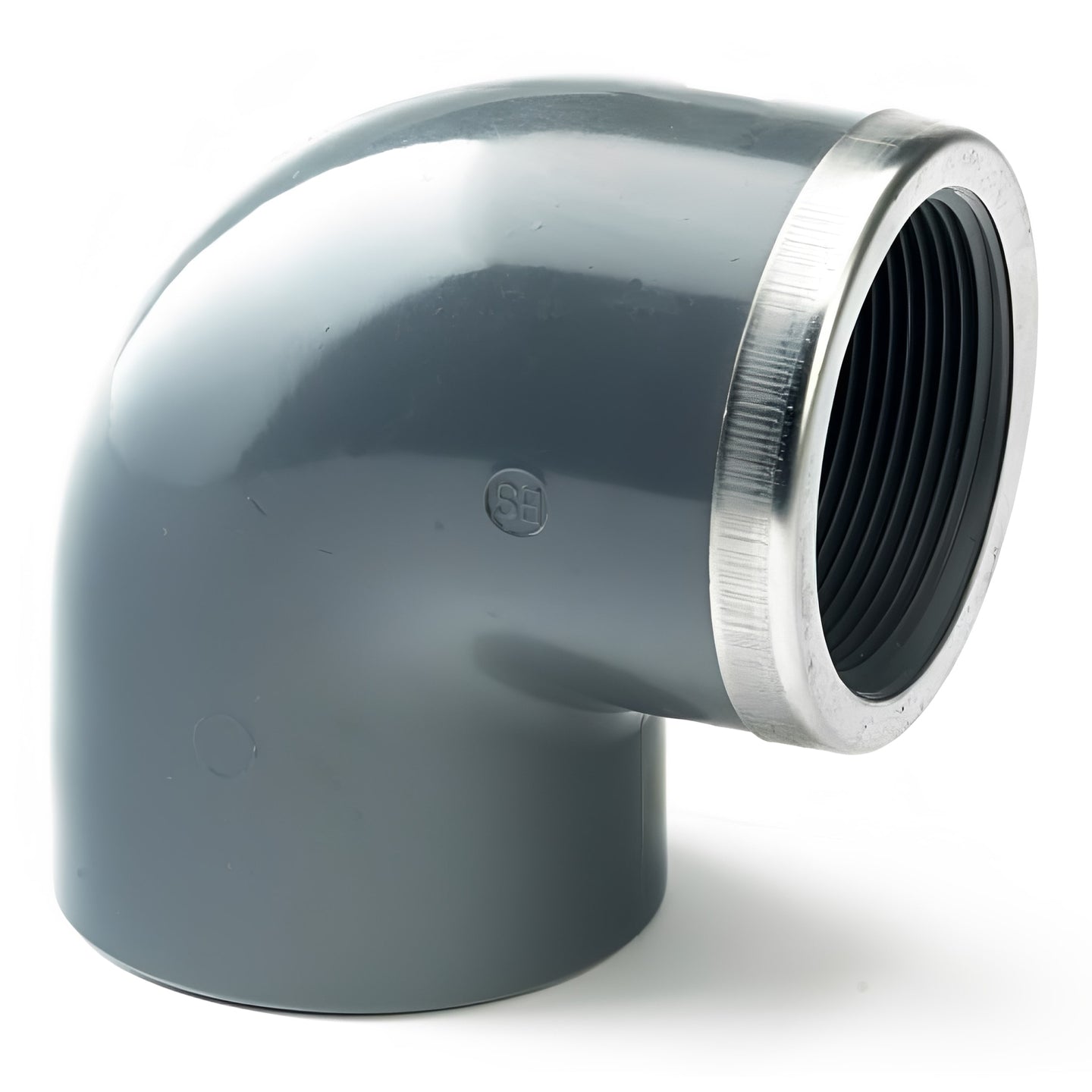 PVC-U 90° Elbow SS Reinforced Plain to Threaded BSP Metric pipe fitting with stainless steel reinforcement