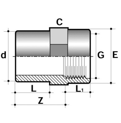Diagram of PVC-U Imperial Male Plain to Female Threaded Adaptor showing dimensions for precise fitting.