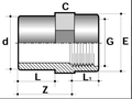Diagram of PVC-U Adaptor - Male Plain to Female Threaded BSP Metric with dimensional labels.