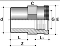 PVC-U Reinforced Male Adaptor - Plain to Female BSP Metric diagram showing dimensions and specifications.