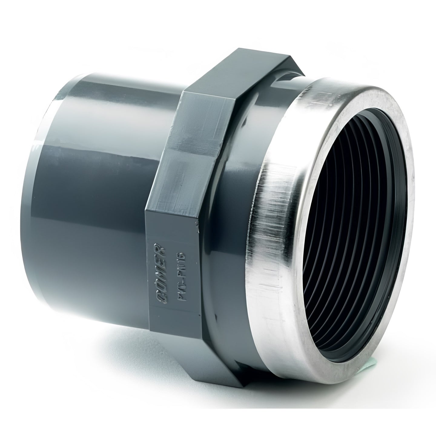 PVC-U Reinforced Male Adaptor - Plain to Female BSP Metric with stainless steel backing for enhanced strength.