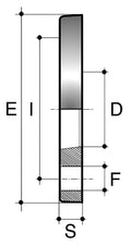 Diagram of PVC Metric Backing Ring NP10/16 showing dimensions E, I, D, F, and S.