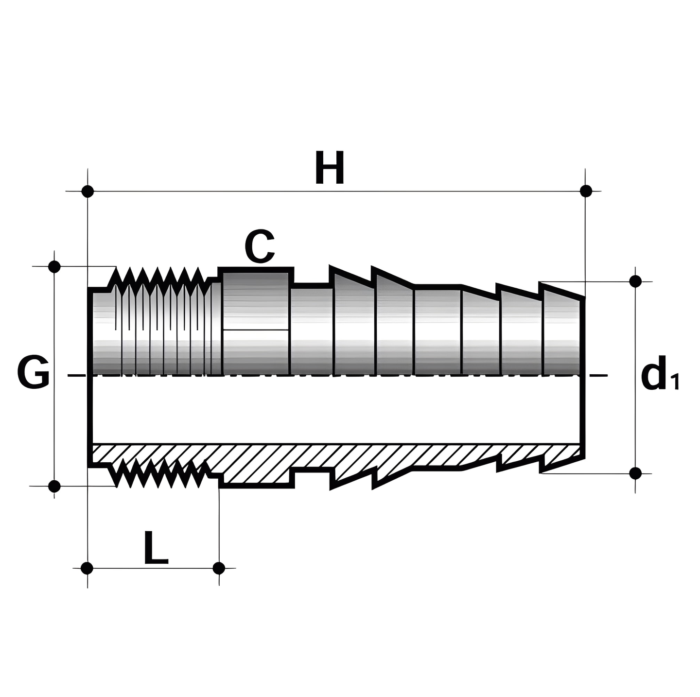 PVC Hose Adaptor - Male BSP x Inch Hose Tail Imperial technical drawing showing dimensions and details.