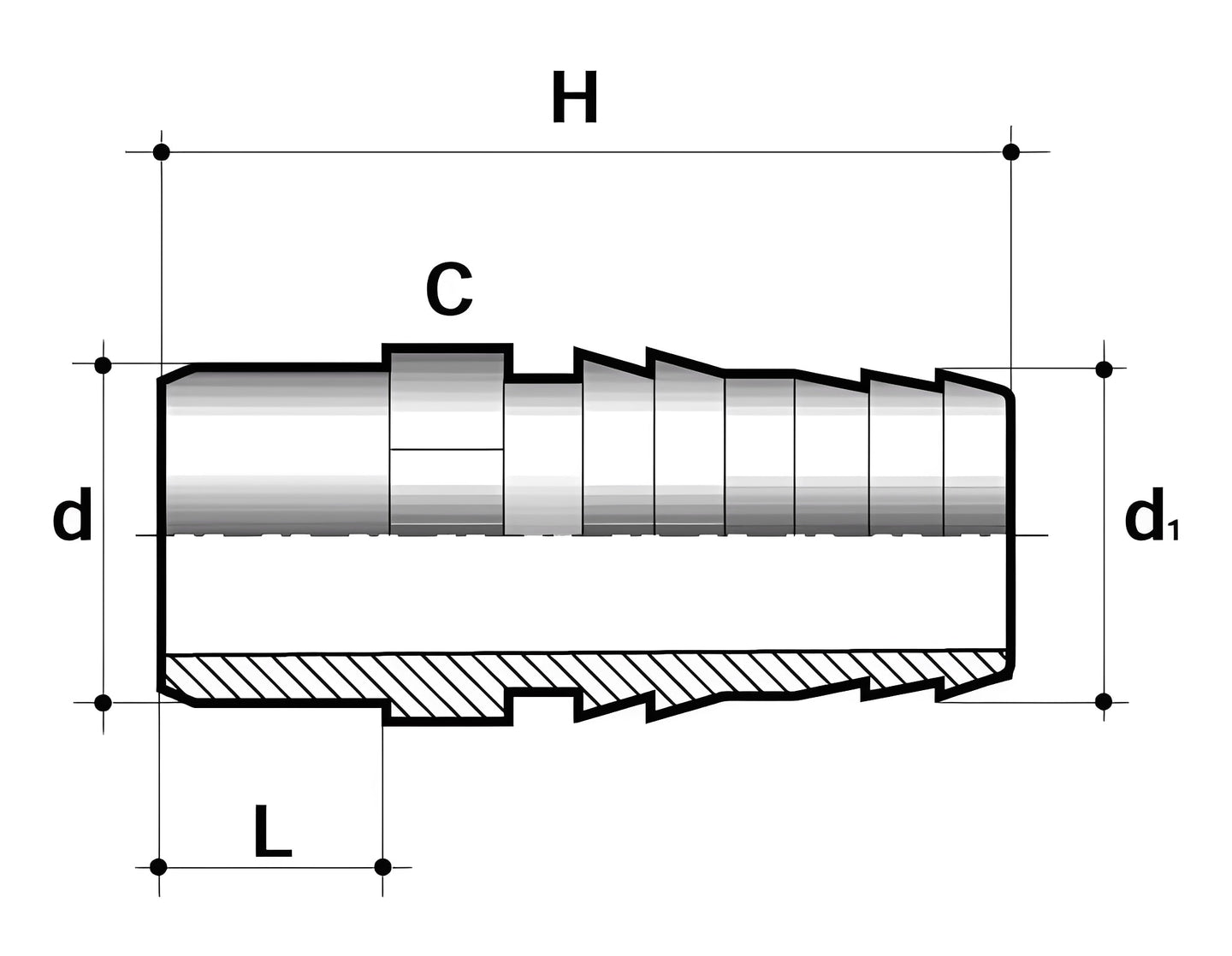 PVC-U Hose Adaptor - Male Spigot x Hose Tail technical diagram with dimensions labeled