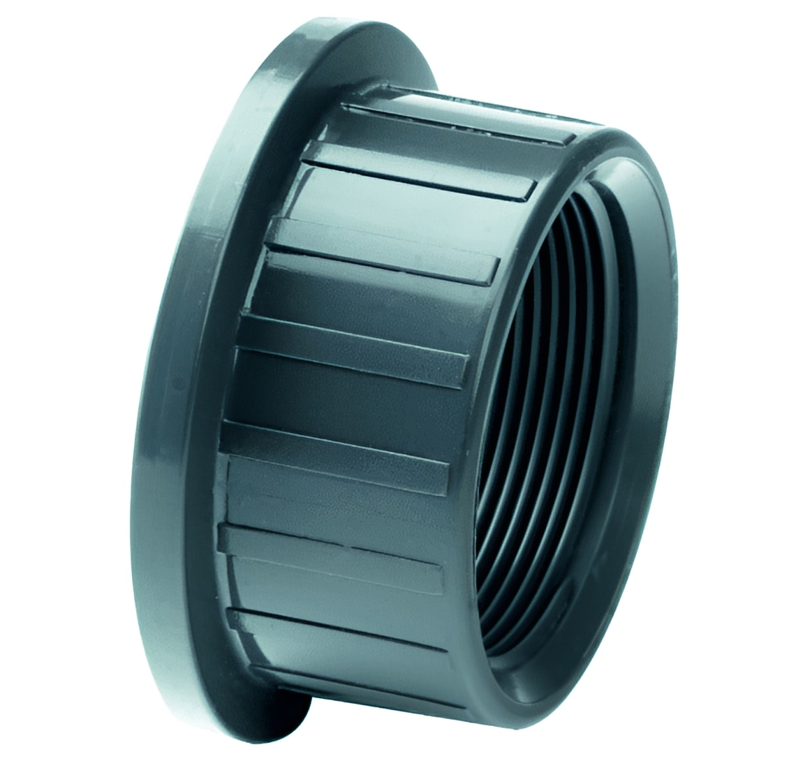 PVC Metric Ball Valve End - Plain White shown in close-up with detailed threads and durable design.