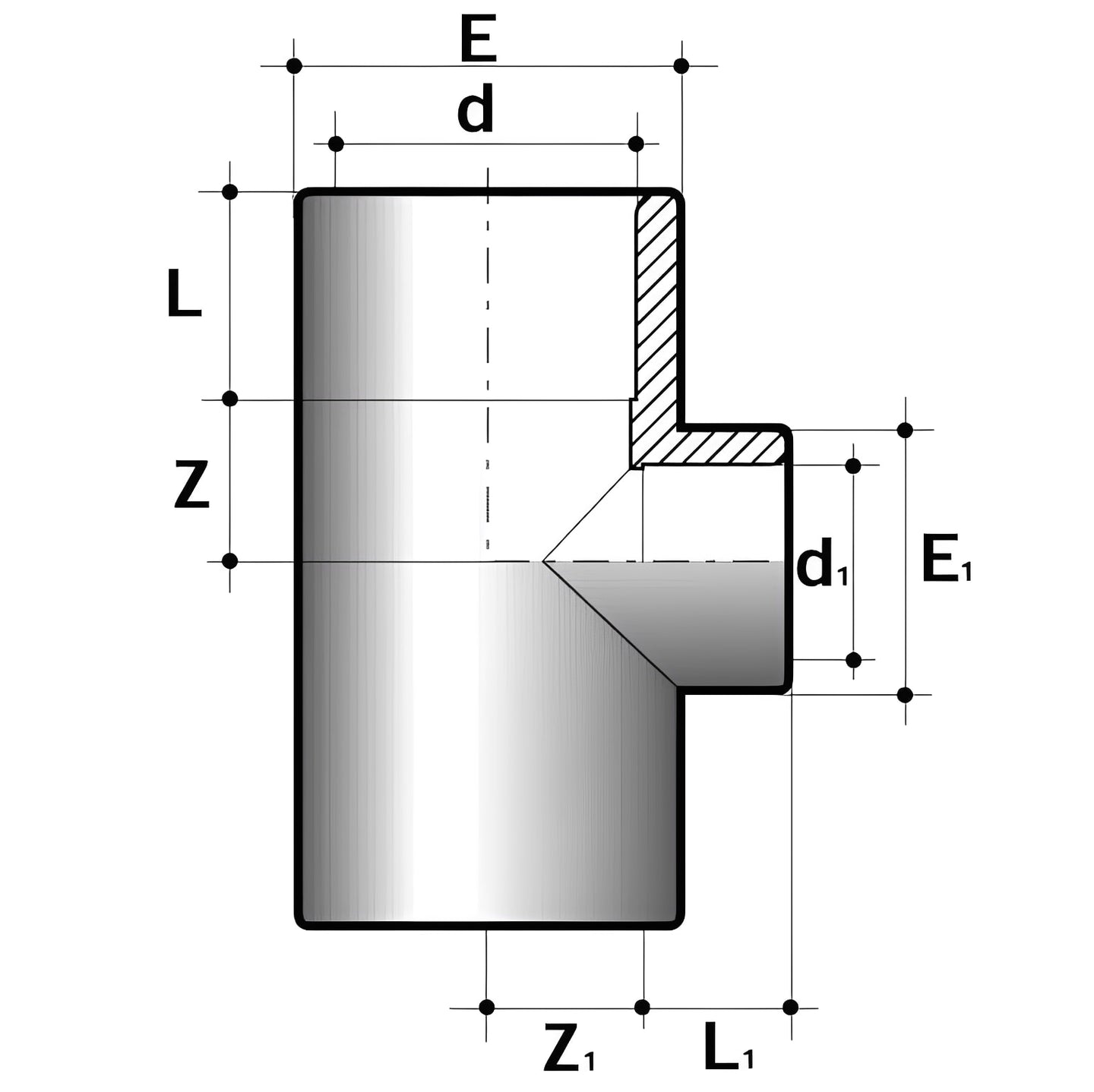 PVC Plain Reducing Tee Metric design diagram showcasing dimensions and features for precision fitting.
