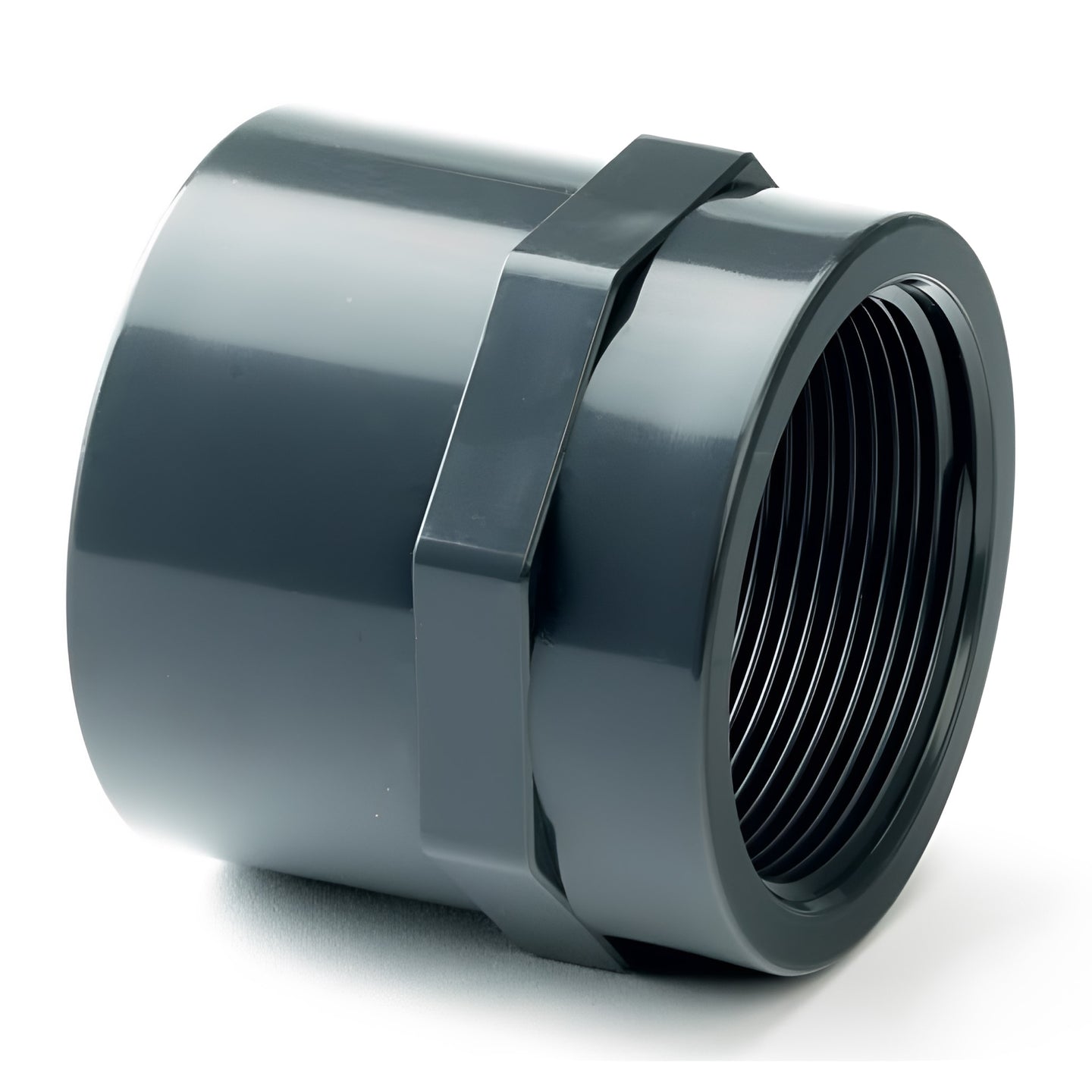 PVC Plain to Threaded BSP Metric Socket - Grey showcasing a durable grey PVC-U fitting for plumbing applications.