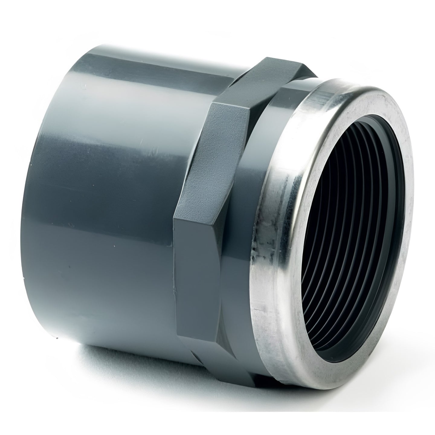 PVC-U Socket - SS Reinforced Plain to Threaded BSP Metric showing the stainless steel reinforced threaded end.