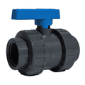 PVC Double Union Ball Valve - Threaded Ends EPDM Seals with blue handle and black body for manual flow control.