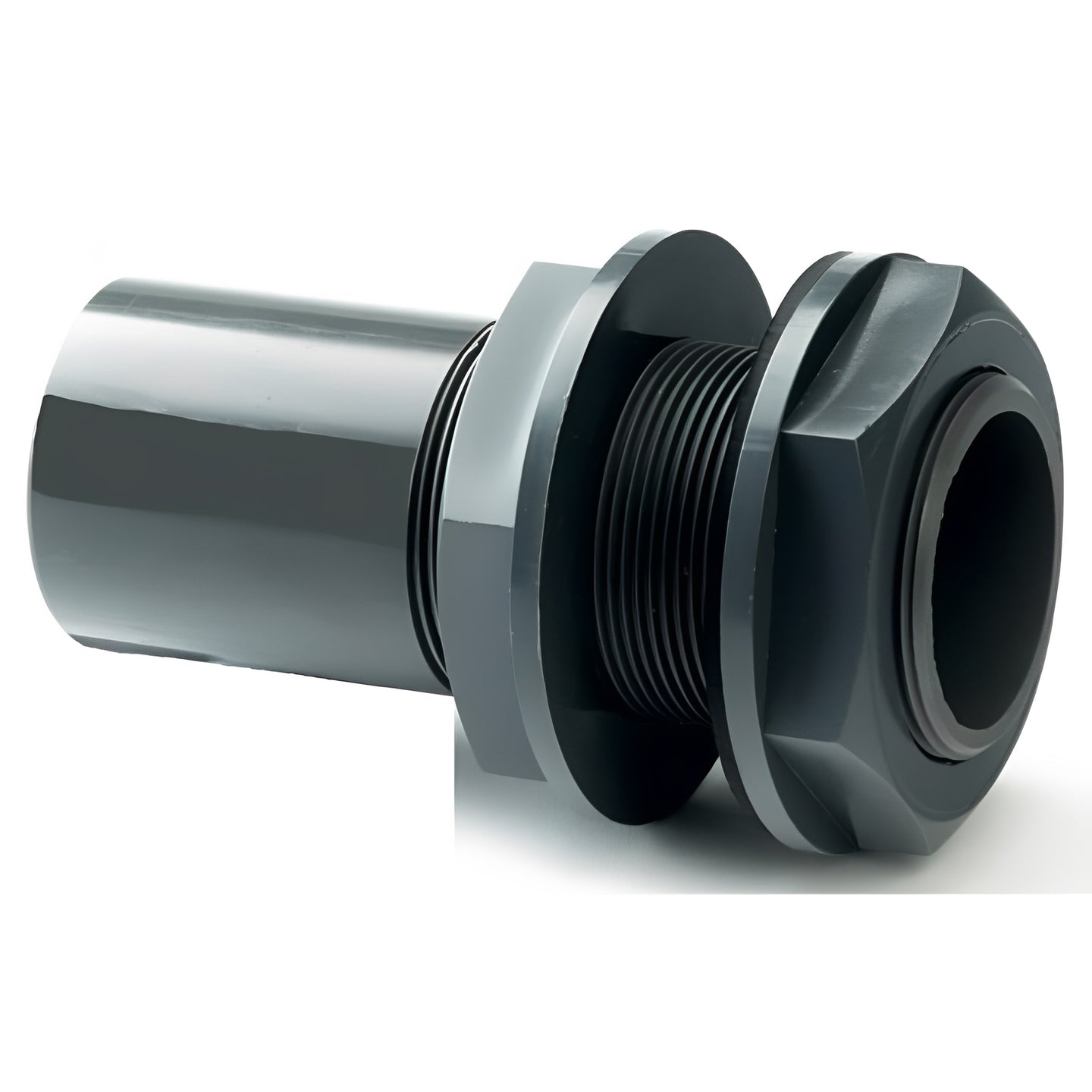 PVC Tank Connector - Plain to Threaded BSP Metric close-up view of versatile fitting for secure connections.