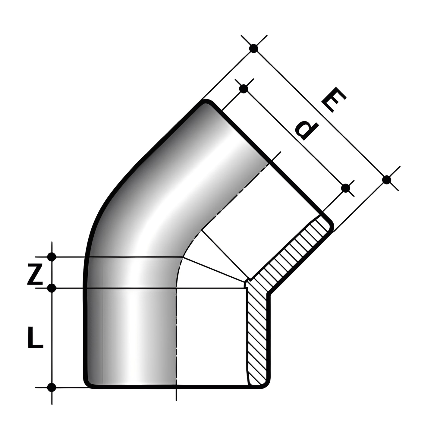PVC-U 45 Degree Elbow Plain Imperial Pipe Fitting diagram showing dimensions E, d, L, and Z.