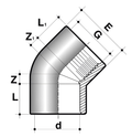 PVC-U 45 Degree Elbow Plain to Threaded Imperial Pipe Fitting diagram showing dimensions and design features.