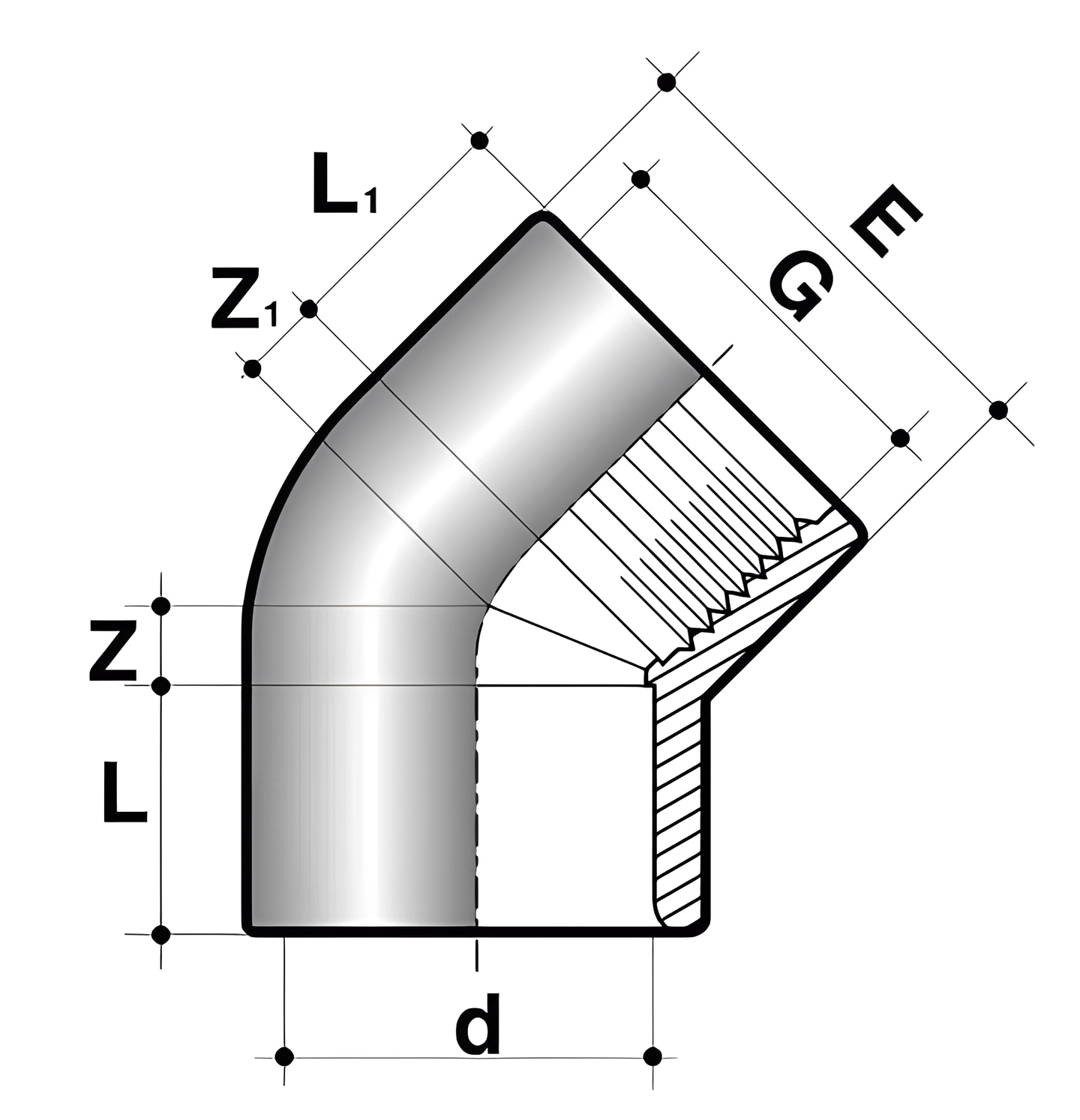 PVC-U 45 Degree Elbow Plain to Threaded Imperial Pipe Fitting diagram showing dimensions and design features.