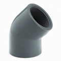 PVC-U 45 Degree Elbow Plain to Threaded Imperial Pipe Fitting showing threaded interior and smooth exterior.