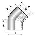 PVC-U 45 Degree Elbow Threaded Imperial Pipe Fitting technical drawing with dimensions.