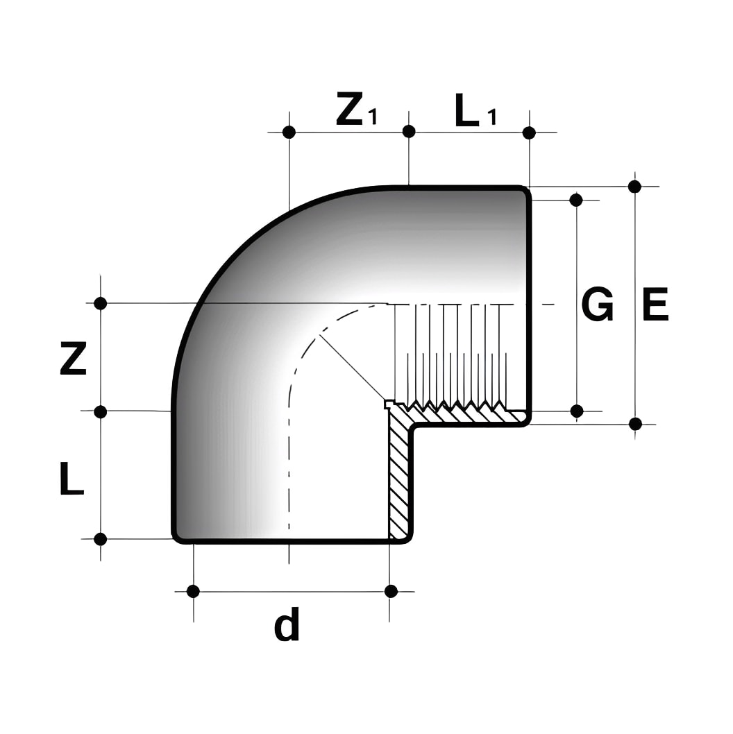 Diagram of PVC-U 90 Degree Elbow Plain/Threaded Imperial Pipe Fitting dimensions and specifications.