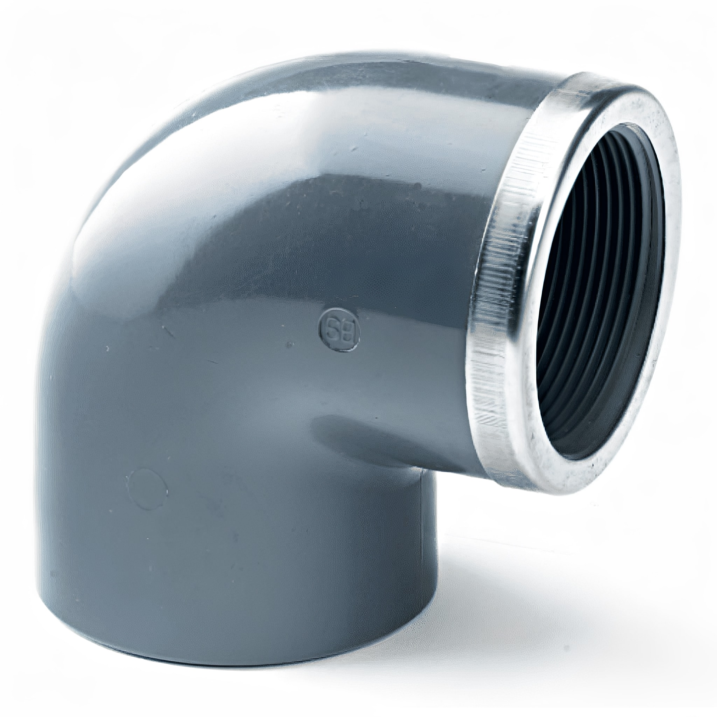 PVC-U 90 Degree Reinforced Elbow Plain to Threaded Imperial for pipe connections at a right angle.