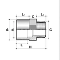 Diagram of PVC-U Female Plain to Male Threaded Imperial Adaptor showing dimensions and structure.