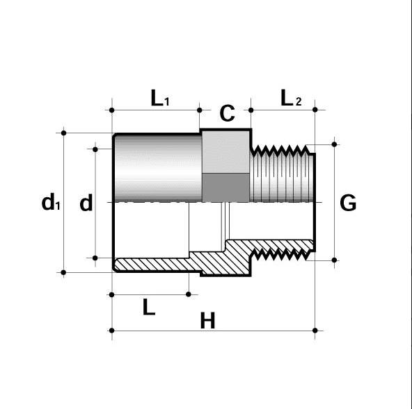 Diagram of PVC-U Female Plain to Male Threaded Imperial Adaptor with detailed dimensions and specifications.