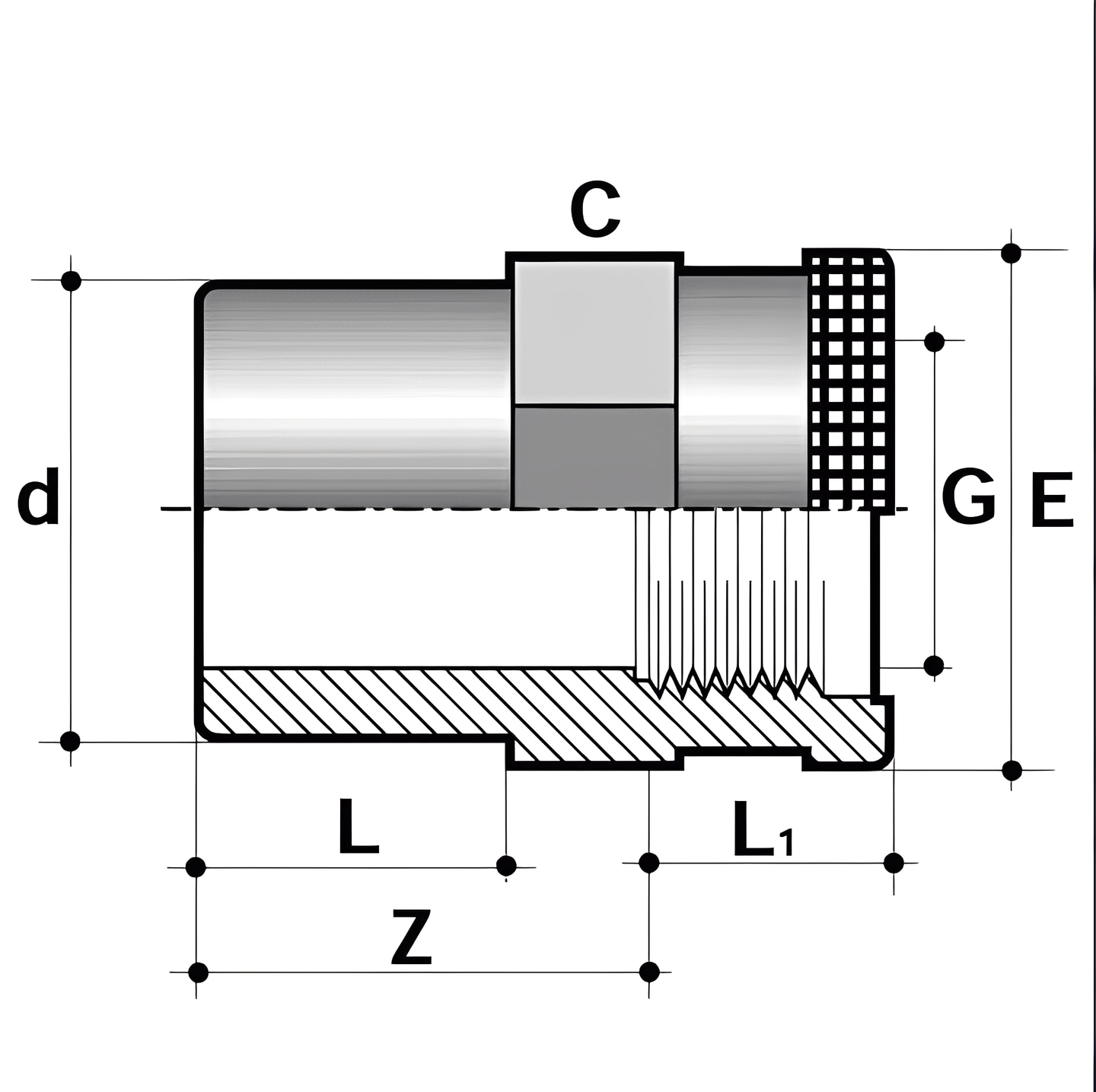 Diagram of PVC-U Male Plain to Threaded S/S Reinforced Imperial Adaptor showing dimensions and structure.