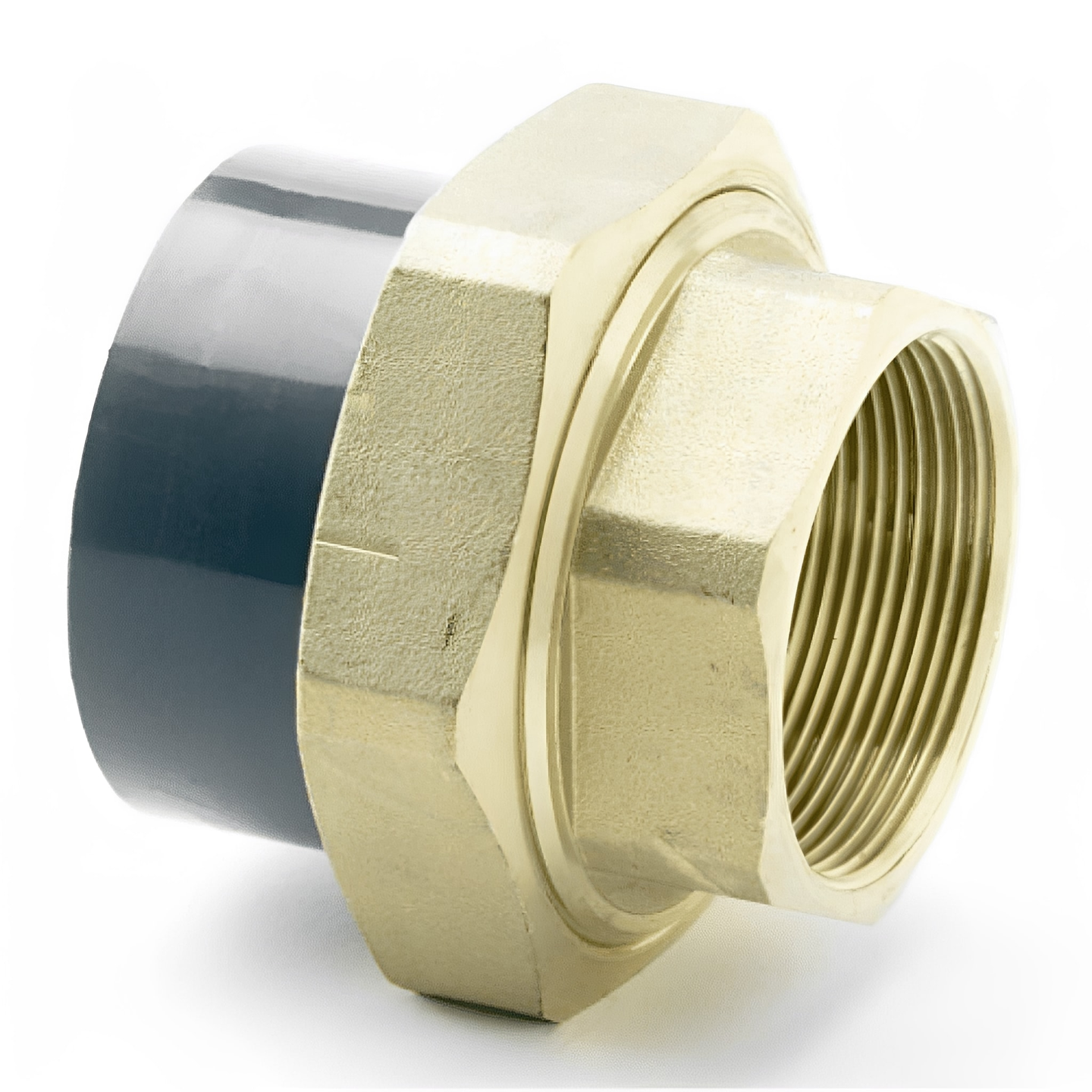 PVC-U Composite Union - Female Brass Threaded to Plain Imperial pipe fitting with brass threaded end and PVC-U socket.